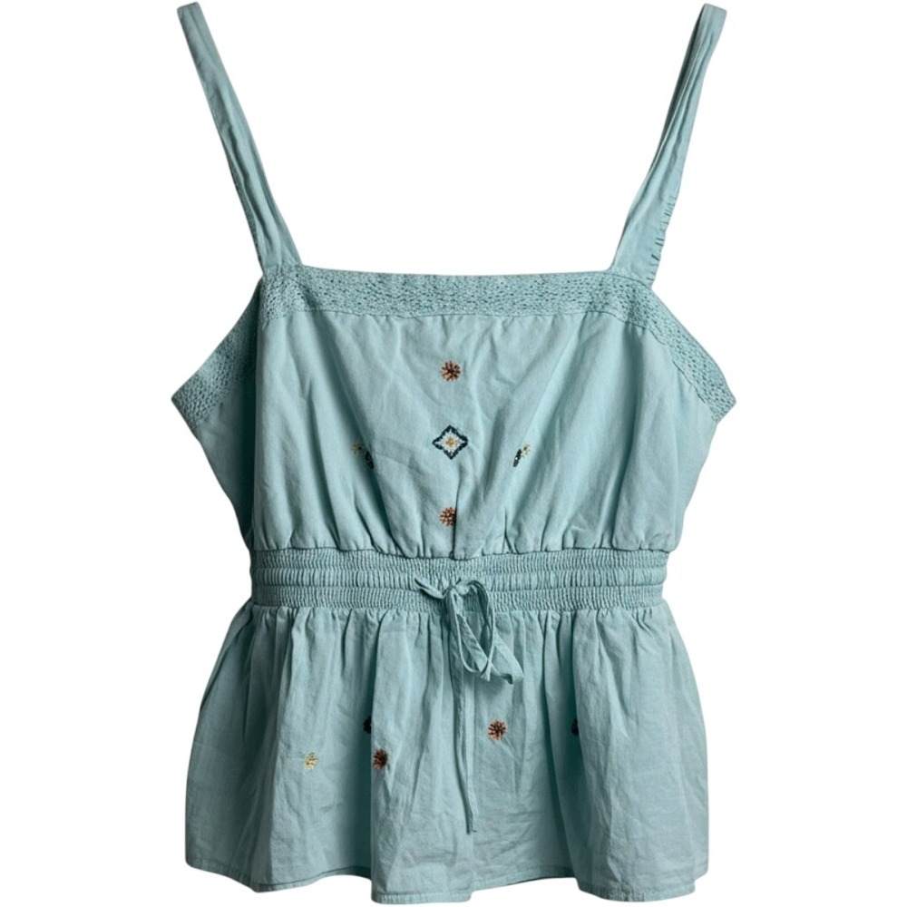 Celebrity Pink Light Blue Embroidered Smocked Peplum Cami Top Size L Boho